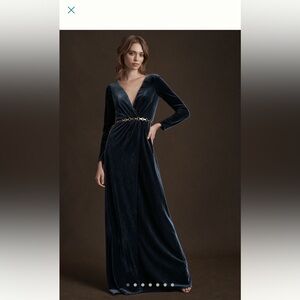Jenny Yoo Ryland V-neck long sleeve opened back V-neck stretch velvet gown